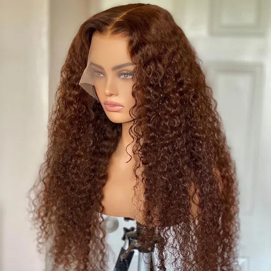 13*4 Transparent Full Lace Frontal Wig Deep Curl Wig Auburn Brown Human Hair Wig